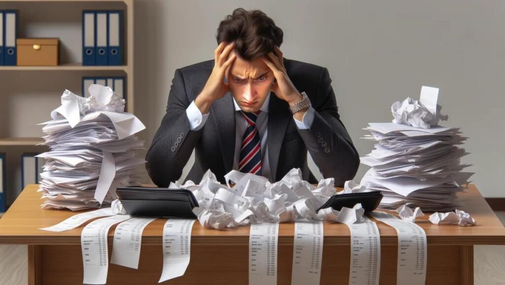 Stressed finance professional exploring AI tools for UK SME accounting and ROI improvement.